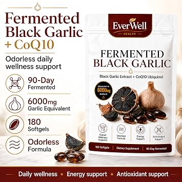 Black Fermented Black Garlic + CoQ10 Ubiquinol Softgels, Odorless Aged Garlic Extract Supplement, Antioxidant & Energy Support, Daily Wellness Support Formula, 180 Softgels