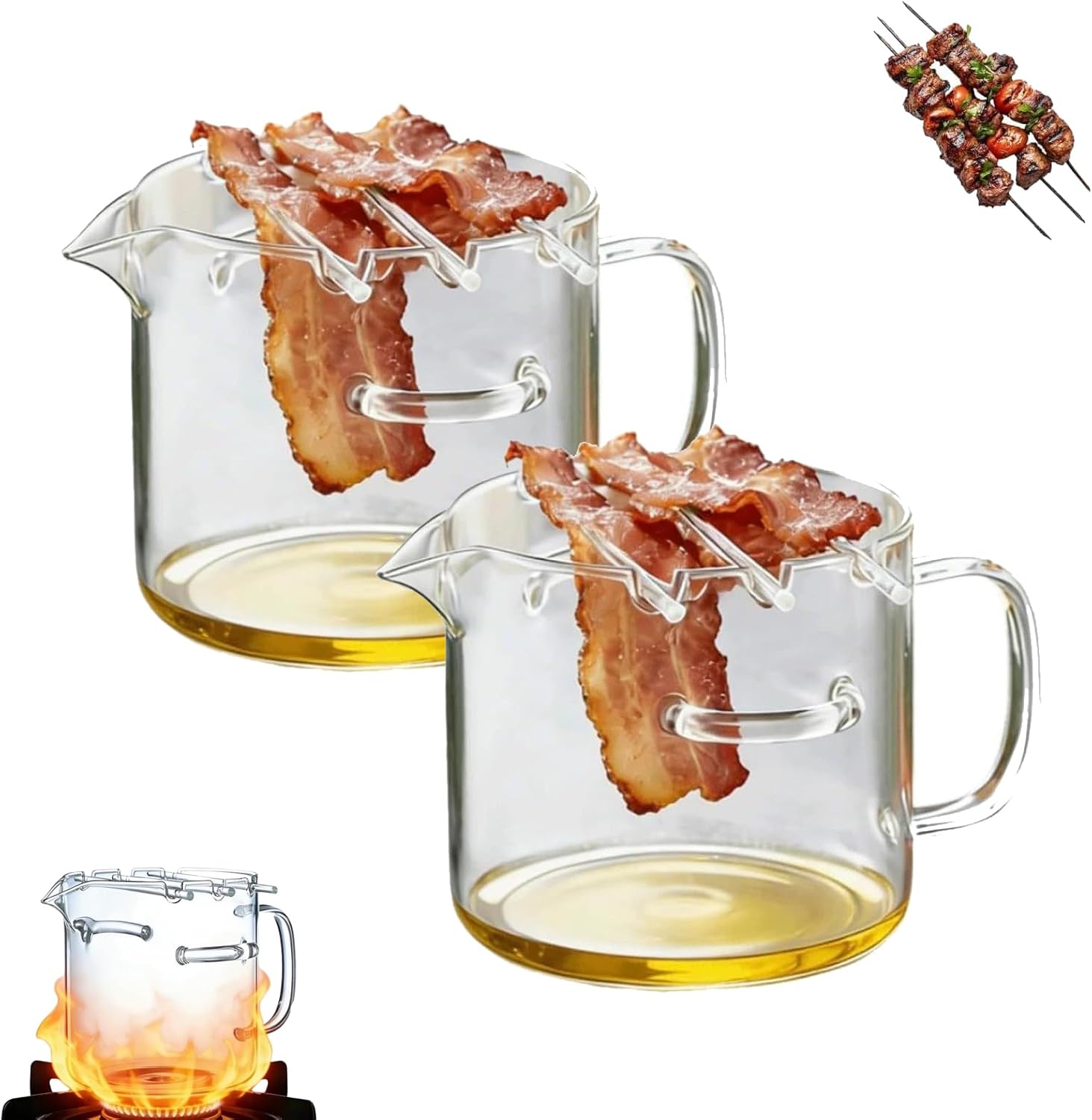 Glass Microwave Bacon Cooker with Lid, Heat Resistant Borosilicate Glass Bacon Tray for Oven, Multifunctional Cooking Pot with Grease Pour Spout, Crispy Bacons Maker for Home Kitchen (2pcs)