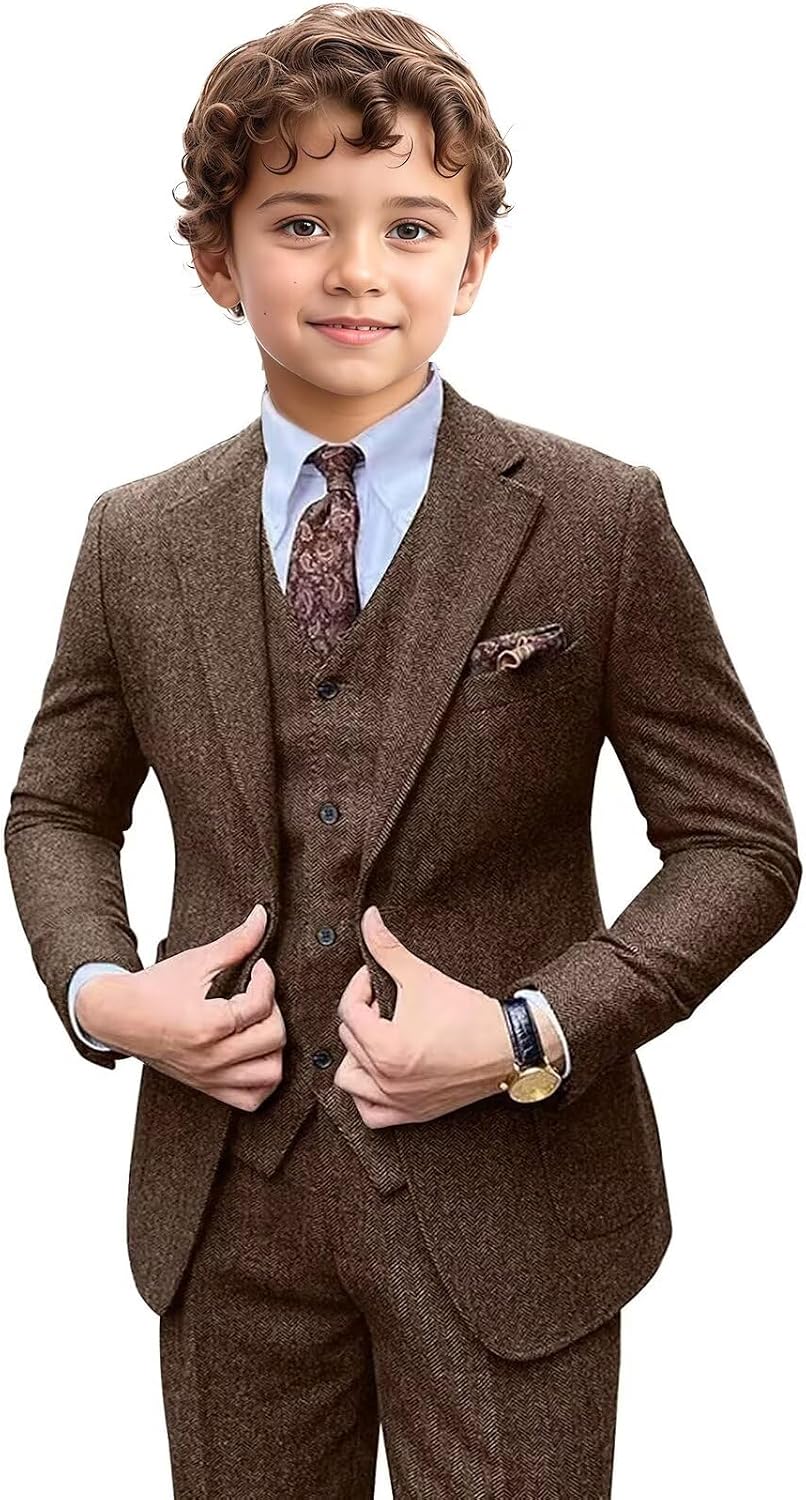 Boy Suits Tweed 3 Pieces Herringbone Slim Fit Formal Vintage Vest Blazer Pants Wedding Homecoming Set