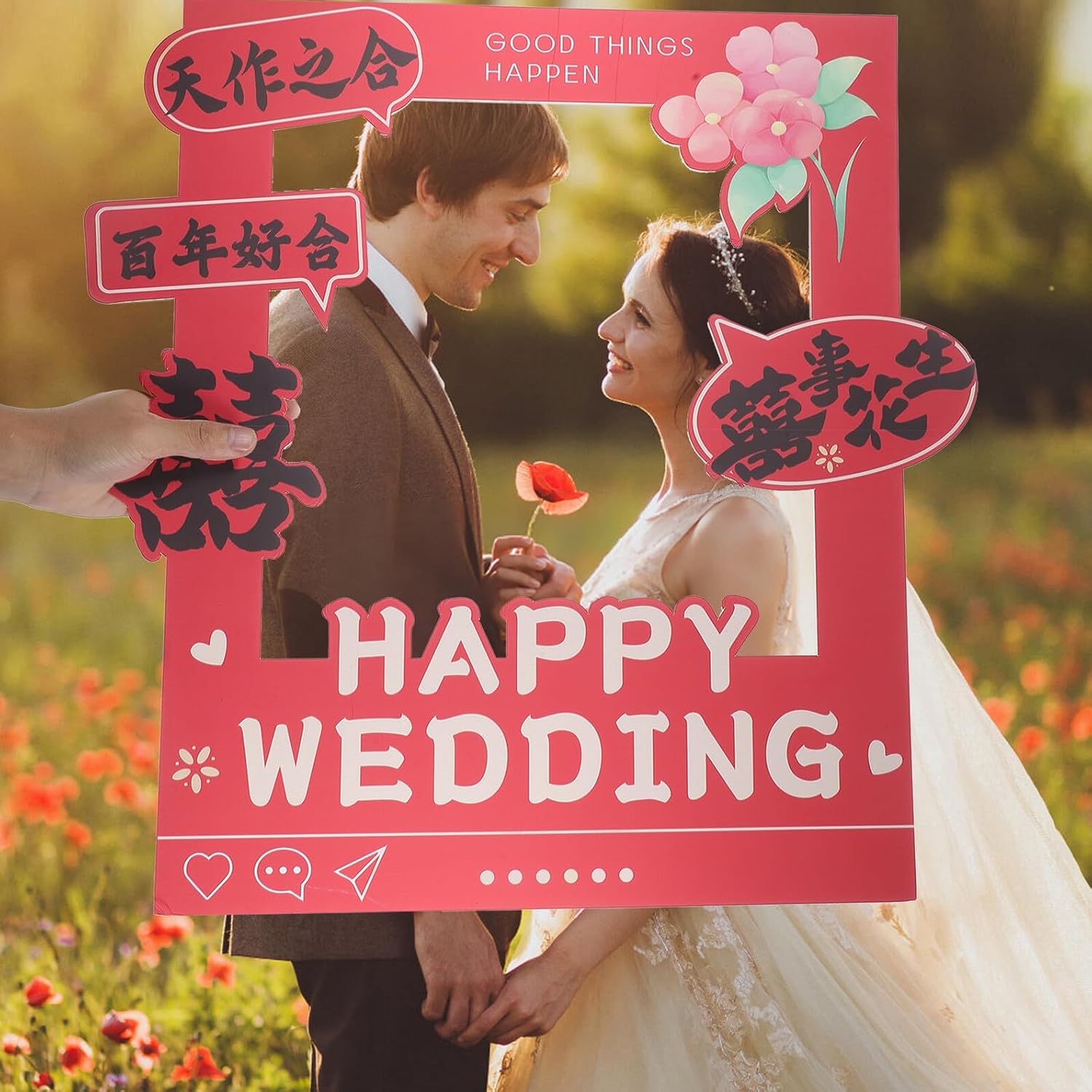 VALICLUD Wedding Photo Booth Paper Frame, Red Chinese Style Wedding Photoshoot Prop, Handheld Party Decor for Ceremony and Reception, Small Lightweight Paper Picture Frame