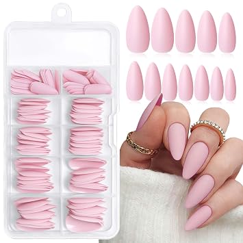120pc Point Pink Press on Nails Almond Fake Nail Medium Glue on Nail Matte