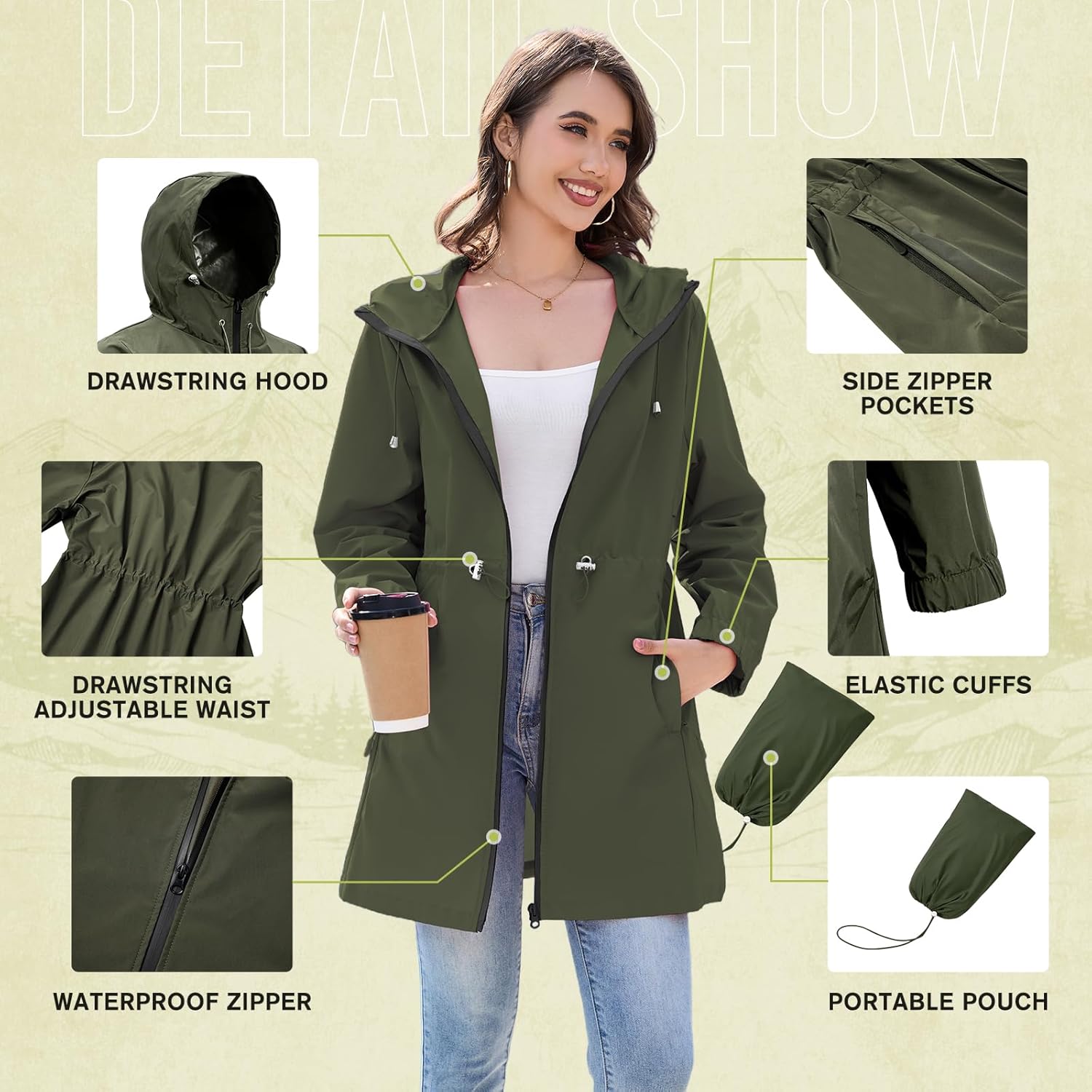 American Trends Rain Jacket Women Waterproof Packable Raincoats for Women Long Rain Coats Windbreaker - Image 6