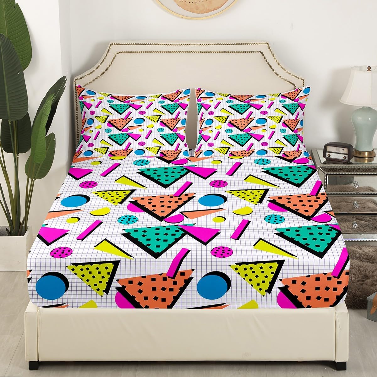 80s Bedding Set Memphis Pattern Old Fashion Sheet Set,Vintage 90s Memphis Style Bed Sheets Set Abstract Geometric Pattern Retro Fitted Sheet Full,Rainbow Urban Modern Circles Triangle Room Decor image 3