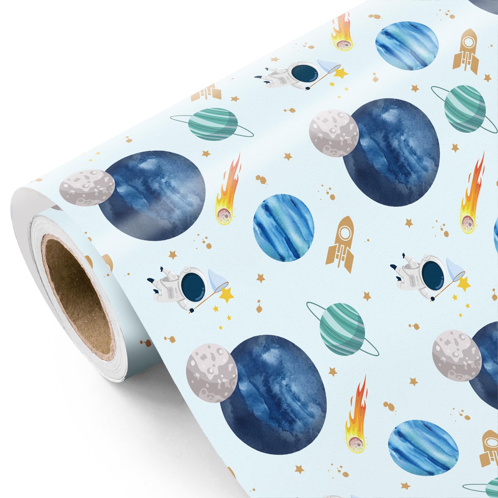RUSPEPA Out Space Wrapping Paper Roll - Mini Roll - 43.2cm x 5m - Planets & Astronauts Space Adventure Design Perfect for Boys Kids Birthday, Baby Shower