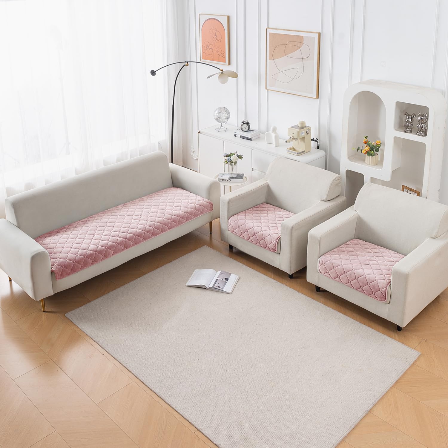 HOKIPO 'Diamond Tuft' Premium Quilted Sofa Mat for 5 Seater 3+1+1 with Anti-Slip Backing, Blush Pink (AR-6323 * 2 + AR-6327-PNK)-image-20