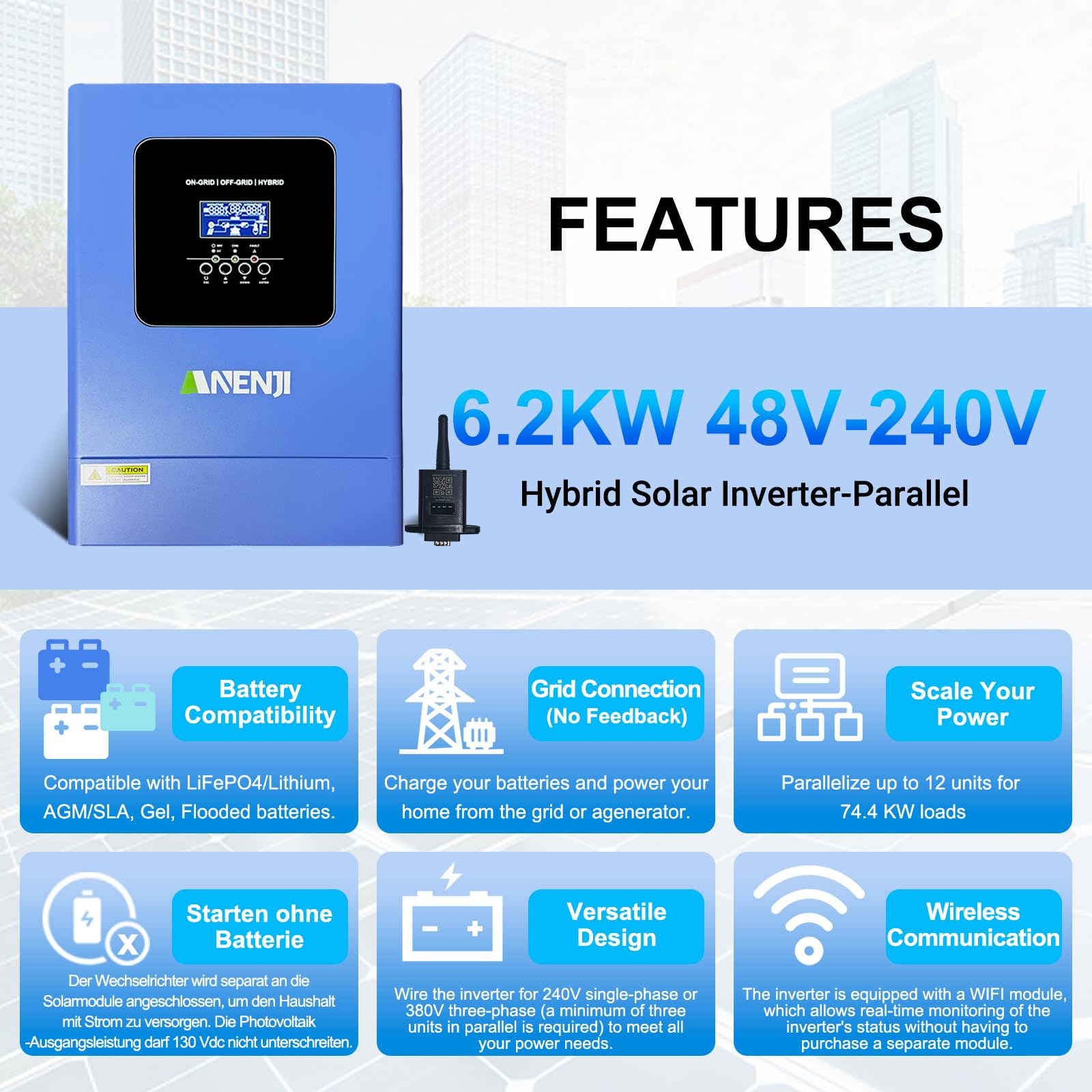 Inverter solare ibrido da 6200 W, singola fase e tree, 48 VDC a 230 VAC, inverter sinusoidale puro fino a 12 dispositivi in parallelo, può alimentare l'alimentazione nella rete, con modulo