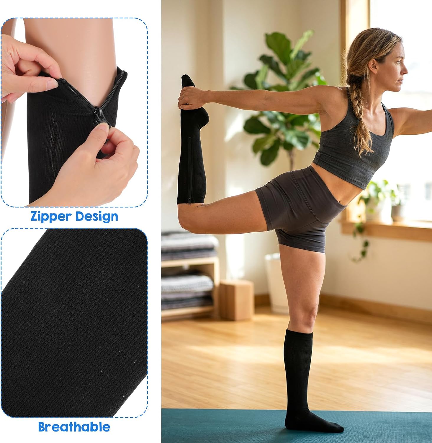 Kifmurase 6 Pairs Zipper Compression Socks, Knee High Compression Stockings for Women & Men, Closed Toe 15-20mmhg Calf Knee High Stocking for Swelling Edema