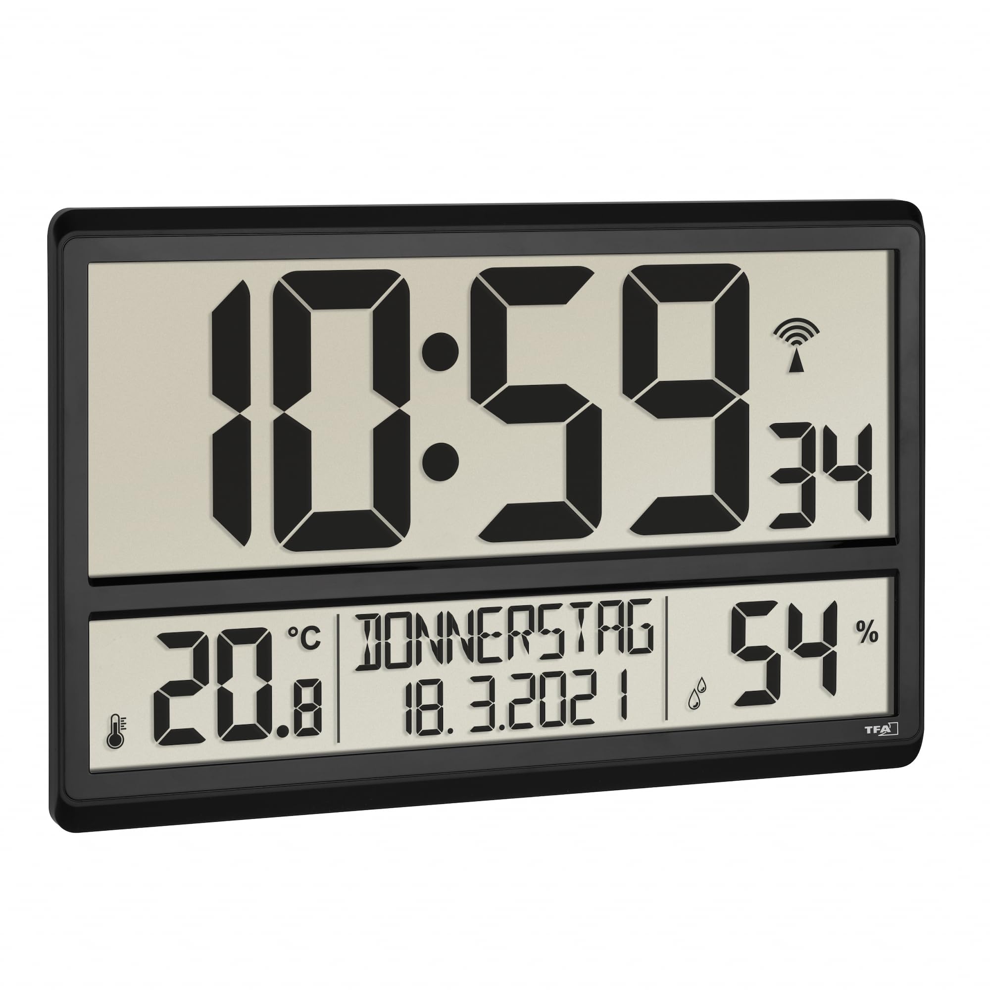 TFA Dostmann XL Orologio da parete Digitale 60.4520.01 con Temperatura e Umidità, Giorno della Settimana, 8 Lingue, Orologio Radiocontrollato, Facile da Leggere, Grande, Nero