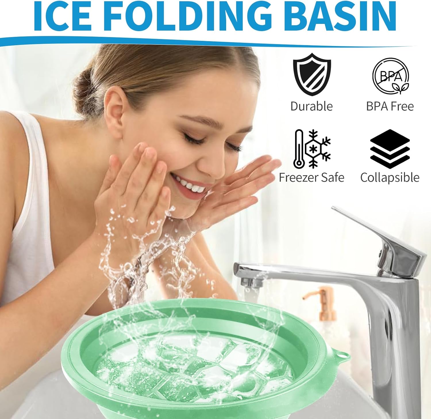 2PCS Face Ice Bath Bowl Foldable Basin with Built-in Ice Tray Collapsible Silicone Bowl for Dipping Face Bath Portable Spa Tool for Home & Travel Reducing Puffiness (Green)