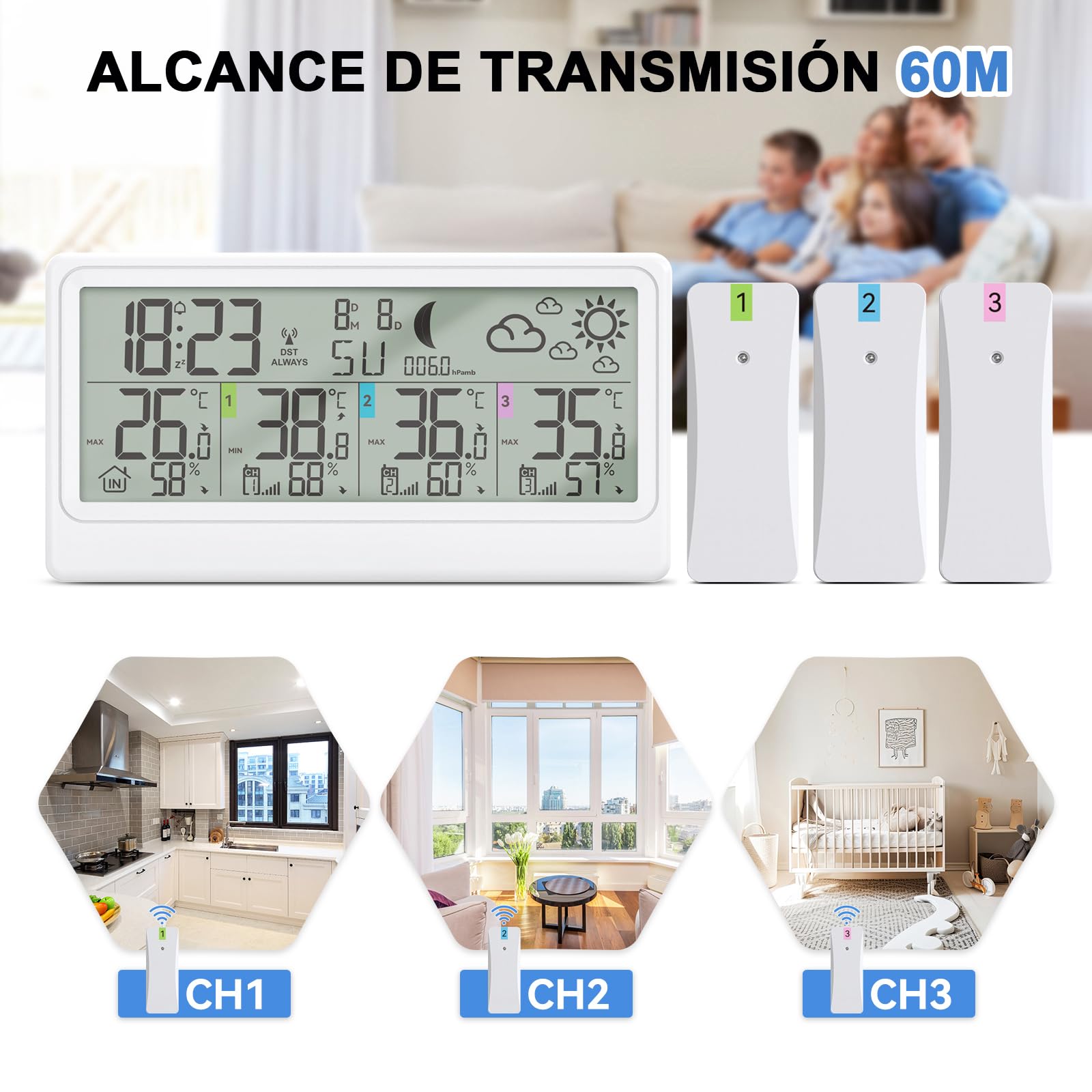 Estacion Meteorologica Inalámbrica Con 3 Sensores, Termómetro Higrómetro Barómetro Interior Exterior Pantalla LED De 8.5', Reloj Atómico Pronóstico Del Tiempo Temperatura Humedad Reloj Digital Alarma