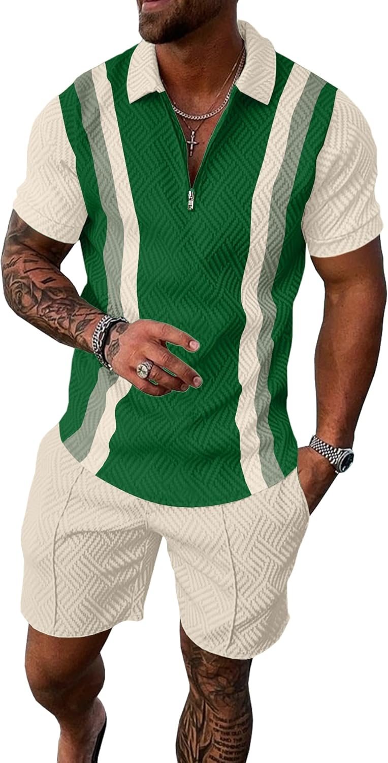 UOUA Mens Summer Track Suits 2 Piece Shorts Sets Short Sleeve Sweatsuit Outfits 1/4 Zip Golf Polo Splicing Striped Shirts