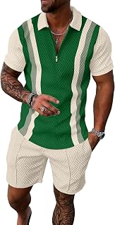 Mens Summer Track Suits 2 Piece Shorts Sets Short Sleeve Sweatsuit Outfits 1/4 Zip Golf Polo Splicing Striped Shirts