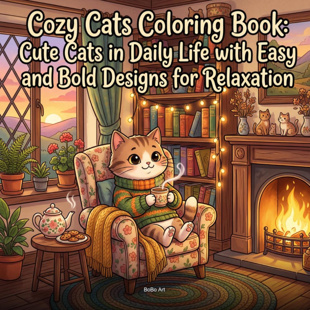 Cozy Cats Coloring Book: Cute Cats in Daily Life with Easy and Bold Designs for Relaxation