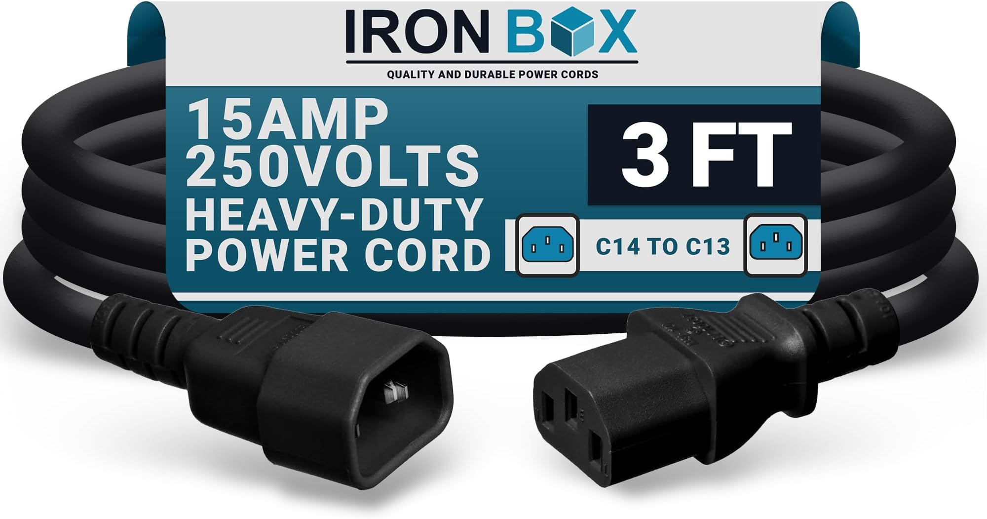 IronBox Electric - Heavy-Duty C14 to C13 Power Cord, 15A, 250V, 14/3 AWG Computer Extension Cable - PDU Power Cables for PC Adapter, Server Rack Cord, Monitor Cable Extender (Black 3 Foot)