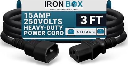 IronBox Electric - Heavy-Duty C14 to C13 Power Cord, 15A, 250V, 14/3 AWG Computer Extension Cable - PDU Power Cables for PC Adapter, Server Rack Cord, Monitor Cable Extender (Black 3 Foot)