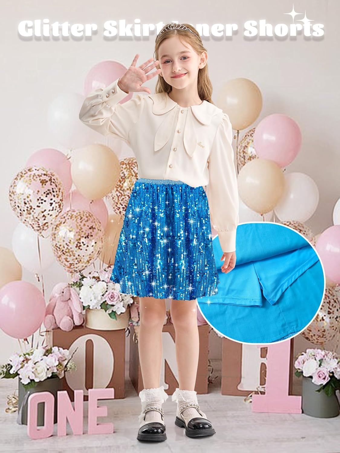 Rolanko Girls Sequin Skirt Elastic Waist Glitter Sparkly Skort with Lining Twirling Shiny Skirts for Kids Dance Party 5-12Y
