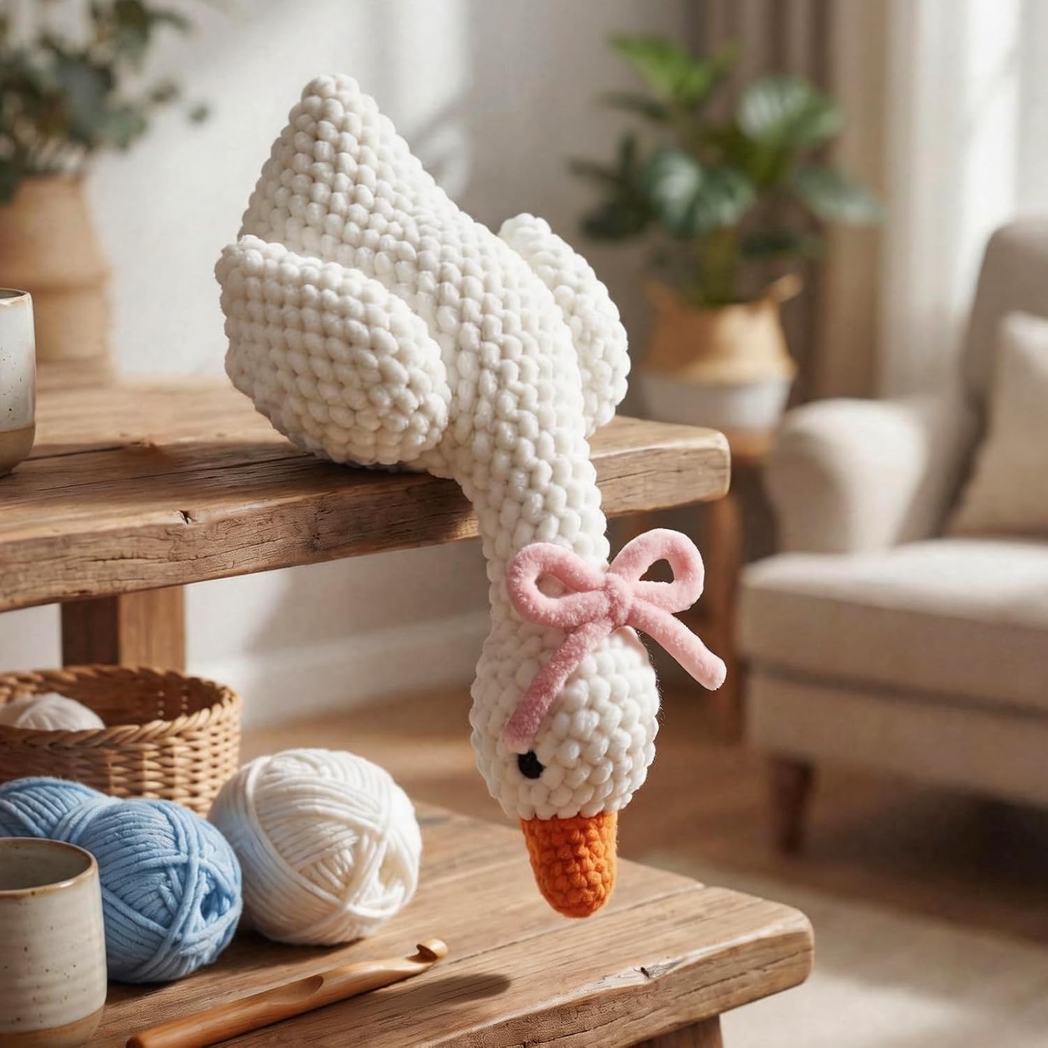 Shappy Silly Desk Goose Stuffed Animal with Velvet Bow, Soft Goose Decor, Cute Low Head Design 8.66 Inch Tabletop Decor for Office Bedroom Living Room, Embroidered Farmhouse Gift(Pink)
