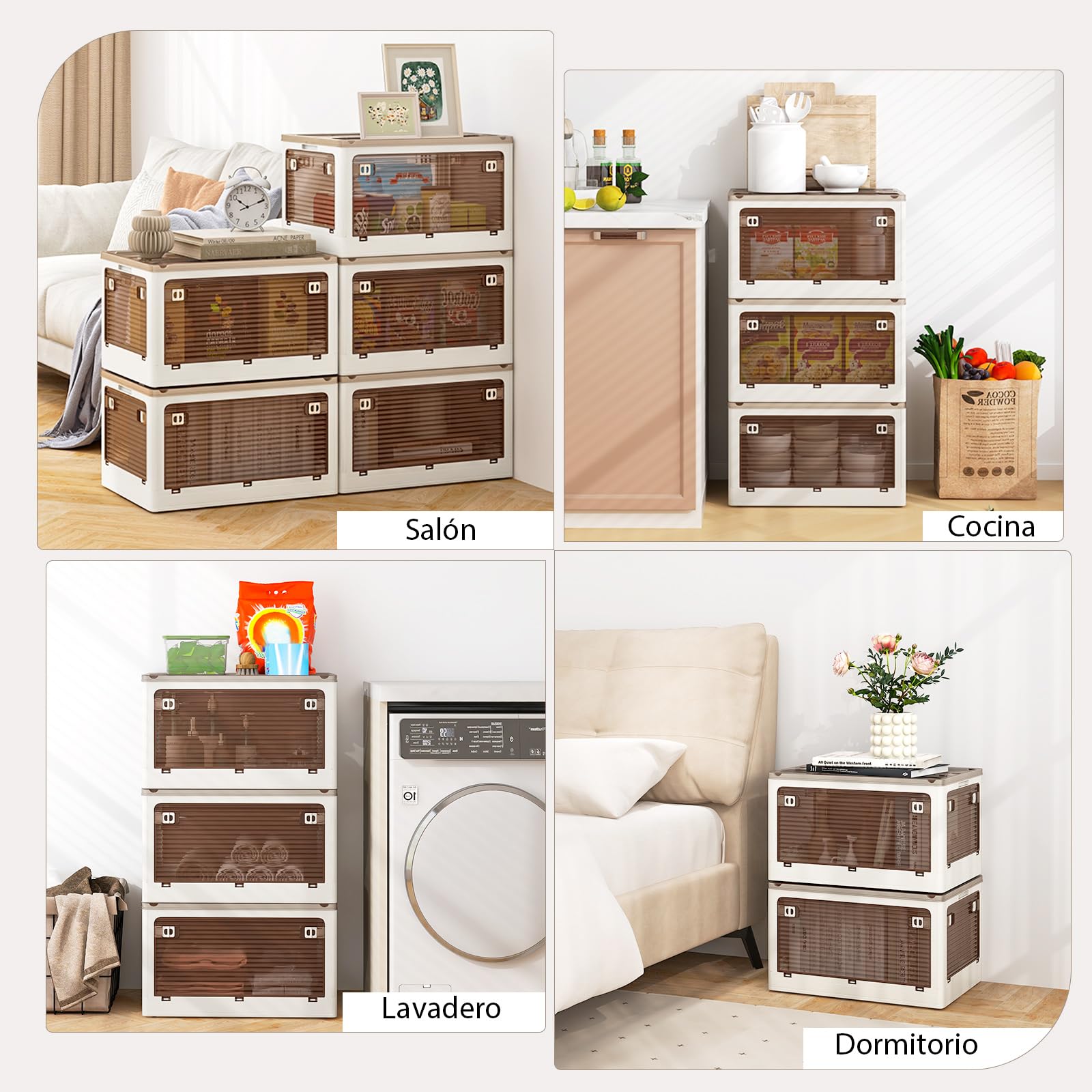 COSTWAY Paquete de 3 Contenedores Apilables con Tapa, Caja de Plástico Plegable con 5 Métodos de Apertura, Organizador Plegable con Ruedas para Dormitorio, Sala de Estar, Cocina (132L)