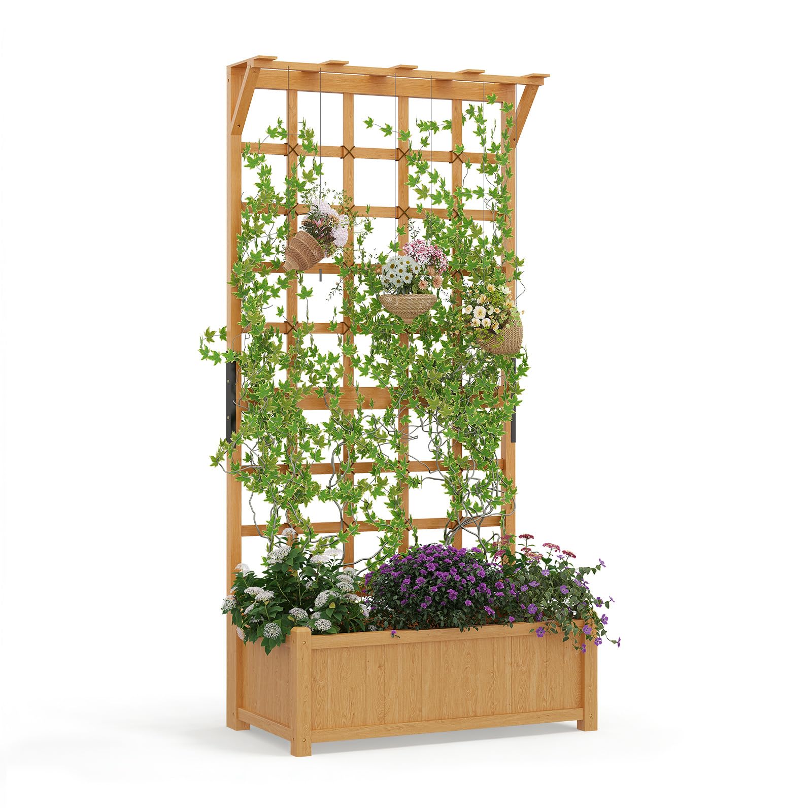 Aoxun 36" Raised Garden Bed with Trellis, Wood Planter Container with Hanging Roof &amp; Garden Boxes for Climbing Plants Flowers Vine (1 piece)