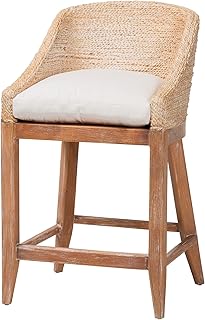 Bali & pari Jasper Seagrass Counter Stool with Mahogany Wood Frame - Coastal Seating with Woven Wingback and Cushioned Seat for Kitchen Island or Breakfast Bar, Whitewash