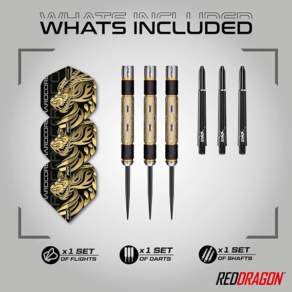 RED DRAGON Golden Eyes Professional Steel Tip Darts Set - 85% Tungsten Darts with Aluminum Shafts & Flights - Available in Weights from 22g to 32g
