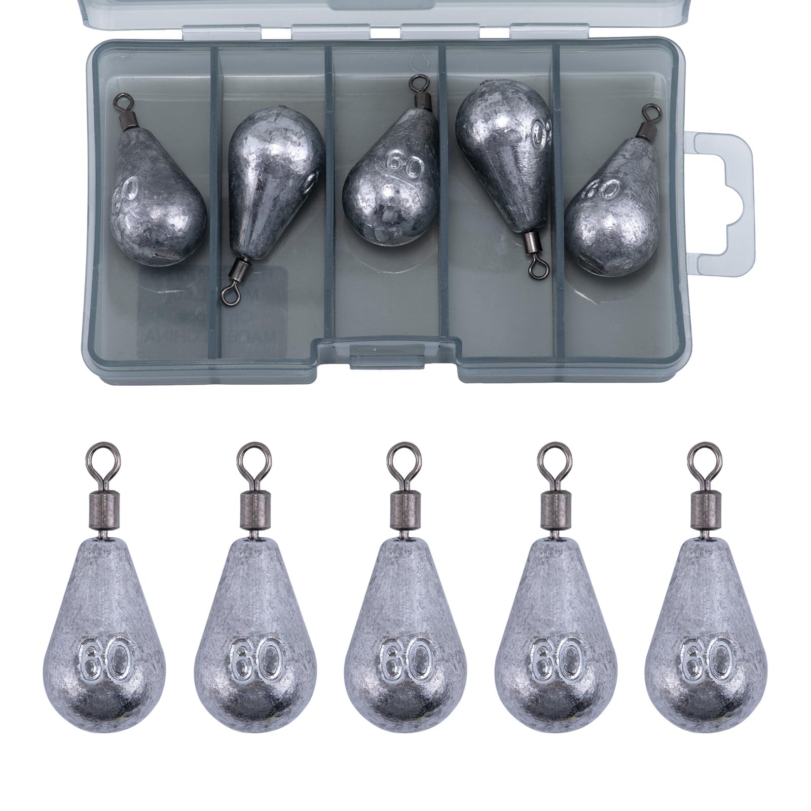 Goture 5 Pcs Drop Shot Weights with Swivel, Free Rig Fishing Sinkers Includes Storage Box, Ideal Fishing Sinkers for Saltwater Freshwater Bass Fishing, Accurate Casting and Versatile Angling 2oz