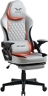 Gaming Stuhl Ergonomischer Racing Gamer Stuhl mit Verstellbare Kopfstütze Schreibtischstuhl mit Stoffoberfläche, Federsitzkissen, Verbindungsarmlehnen und Fußstütze, Wippfunktion, 135°Grau