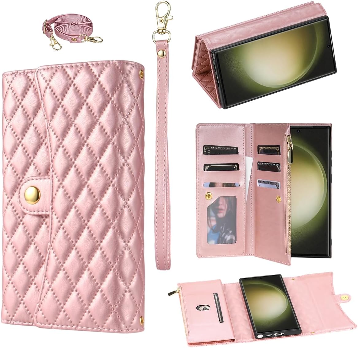 Asuwish Phone Case for Samsung Galaxy S23 Ultra 5G Wallet Cover with Wrist Strap Leather Flip Zipper Credit Card Holder Slot Stand Cell S23Ultra 23S S 23 23Ultra 6.8 inch Women Girls Men Rose Gold