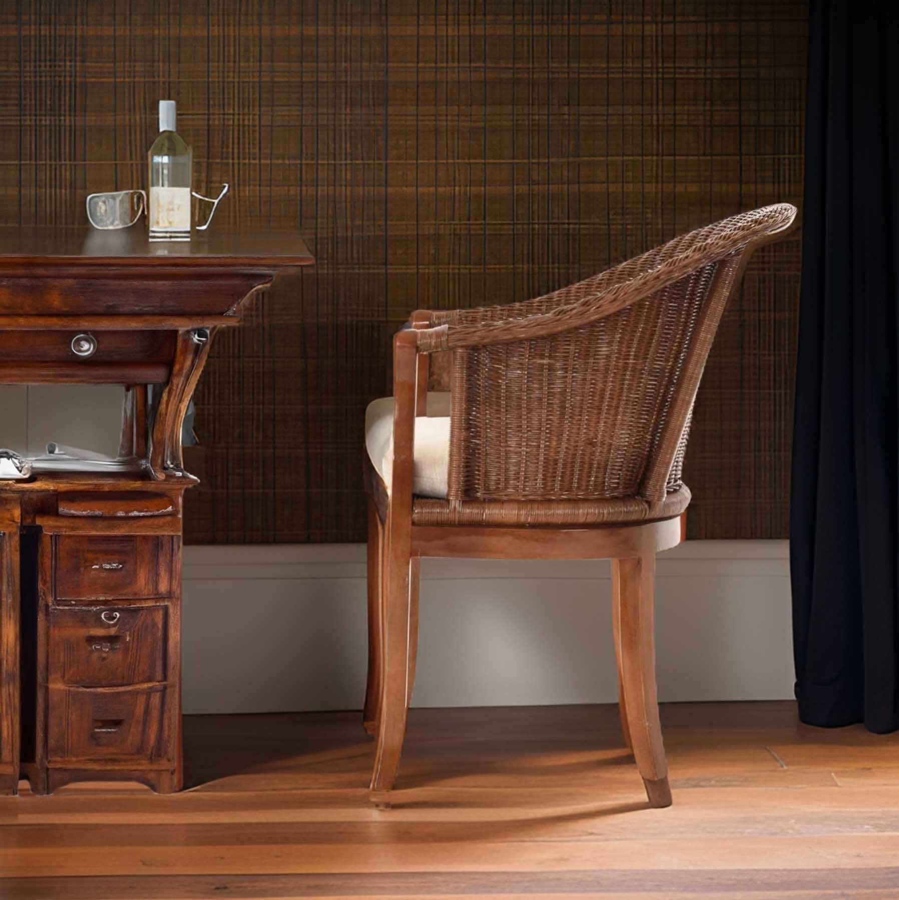 korb.outlet Rattan-Sessel mit Holzbeinen, Sessel aus echtem Rattan - Rattanstuhl Club (Dunkelbraun, mit Polster)