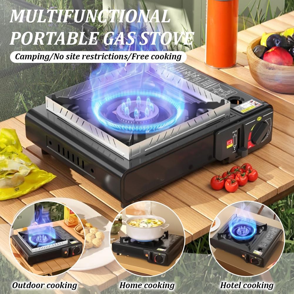 Camping Stove with Carrying Case, Portable Propane or Butane Stove, Dual Fuel Gas Stove, Automatic Ignition, Indoor Outdoor Cooking Camp Stove for Picnics Hiking Fishing BBQ, White