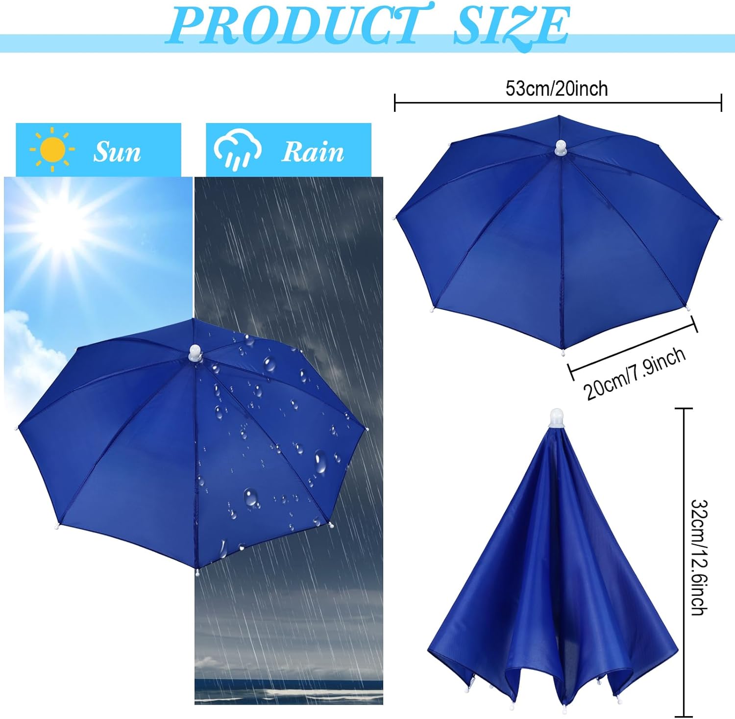 Kacctyen 20 Pieces Royal Blue Umbrella Hat for Adults Waterproof Head Umbrella Cap for Beach Fishing Hiking Camping