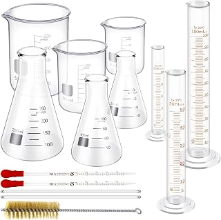 14 Pcs Glass Measuring Cup Glass 50/100/500ml Glass Bottle 50/100/250ml Glass Graded Cylinder 10/50/100ml with 1 Brush, 2 Diameters and 2 Drops Cup Glass Set for Science, Laboratory