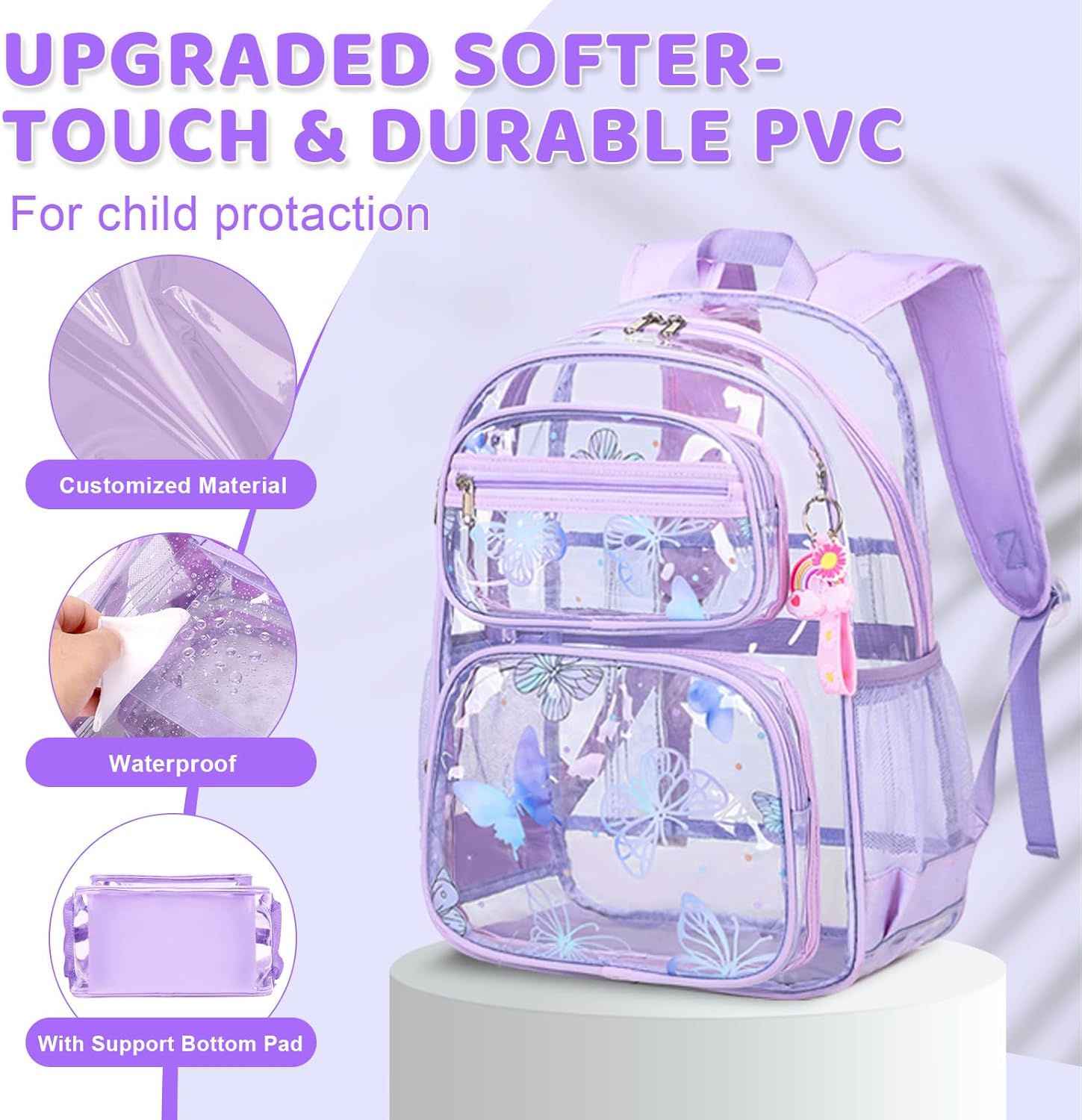Clear Backpack for Girls - 3 Pcs Clear Backpack Heavy Duty with Lunch Bag - See Through Bookbag Stadium Approved for Kids Middle High College School(Purple Butterfly) - Image 4
