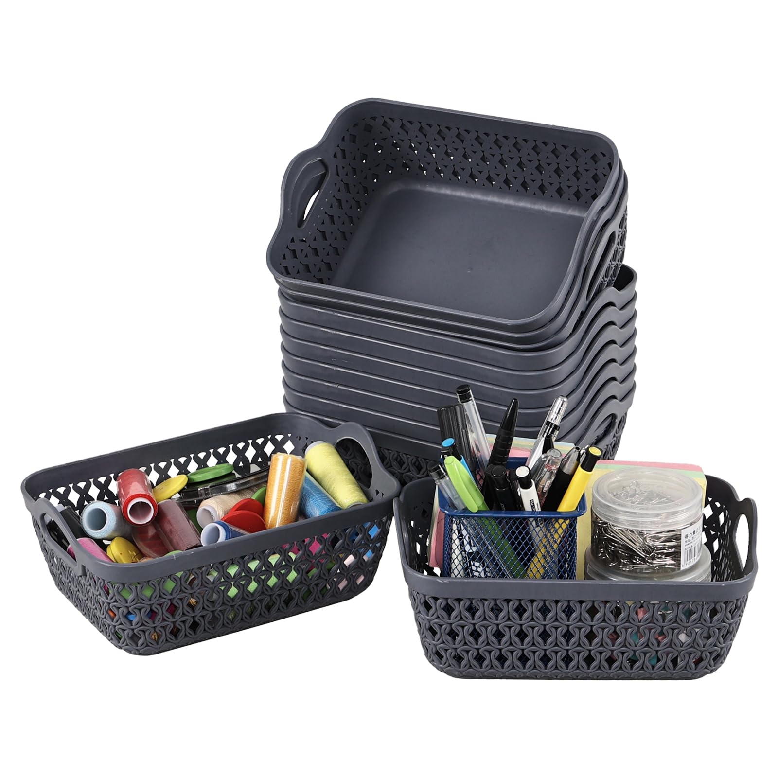 Fabnati Set of 12 Desktop Storage Basket with Handles, Small Plastic Baskets for Cupboards, Grey