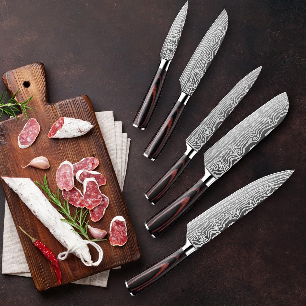 KEPEAK Küchenmesser, Scharfe Kochmesser aus Edelstahl in Mehreren Größen mit Bequemen Griff, Kochmesser Gegen Rost für die Küche/das Restaurant zu Hause (5pcs), Geschenkbox-Verpackung