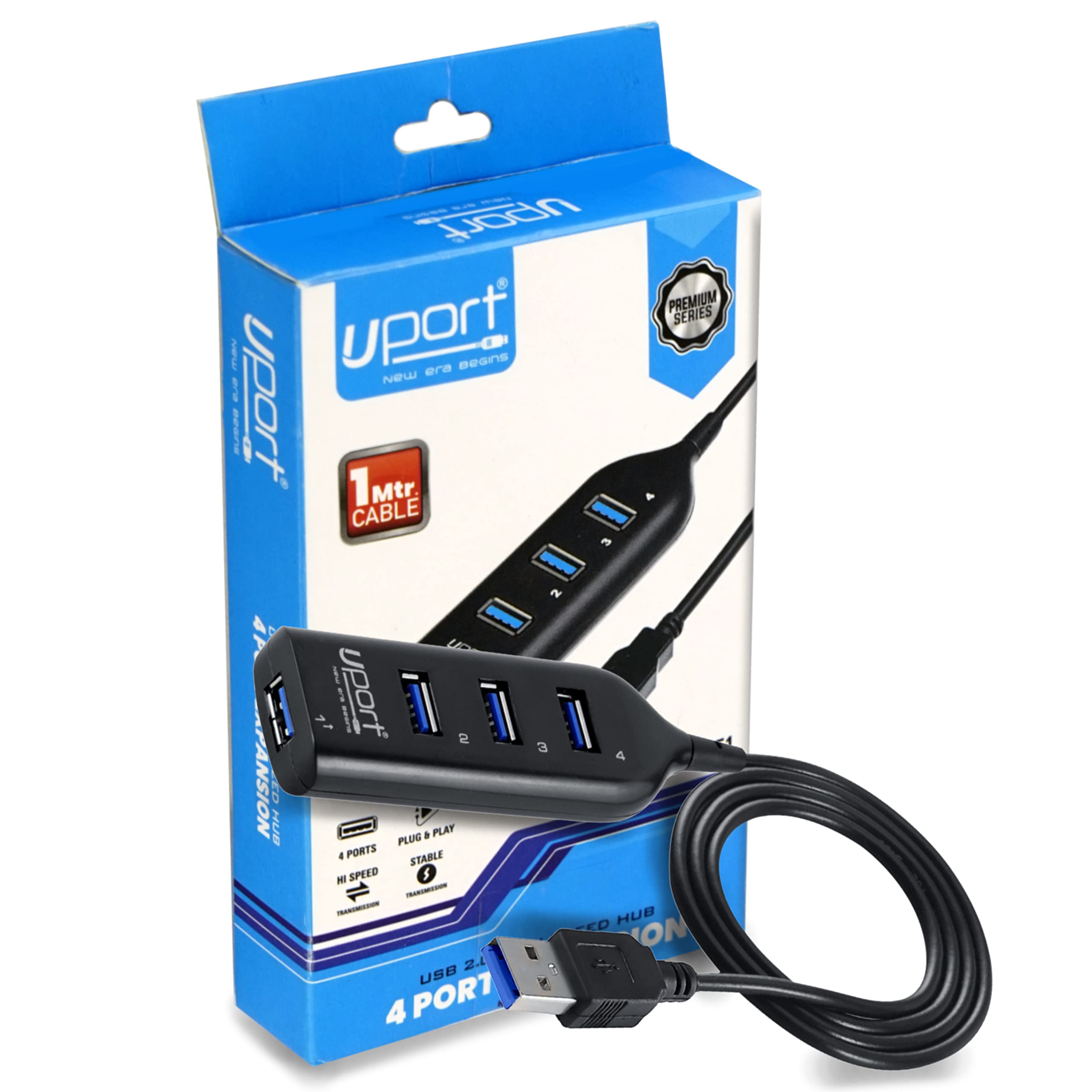 UPORT 4 in1 Ultra-Slim USB 2.0 Splitter Extender | 4-Port USB Docking Station | USB Hub for Laptop, Flash Drive, HDD, Console, Printer, Camera,Keyborad, Mouse (1 Meter, Black)