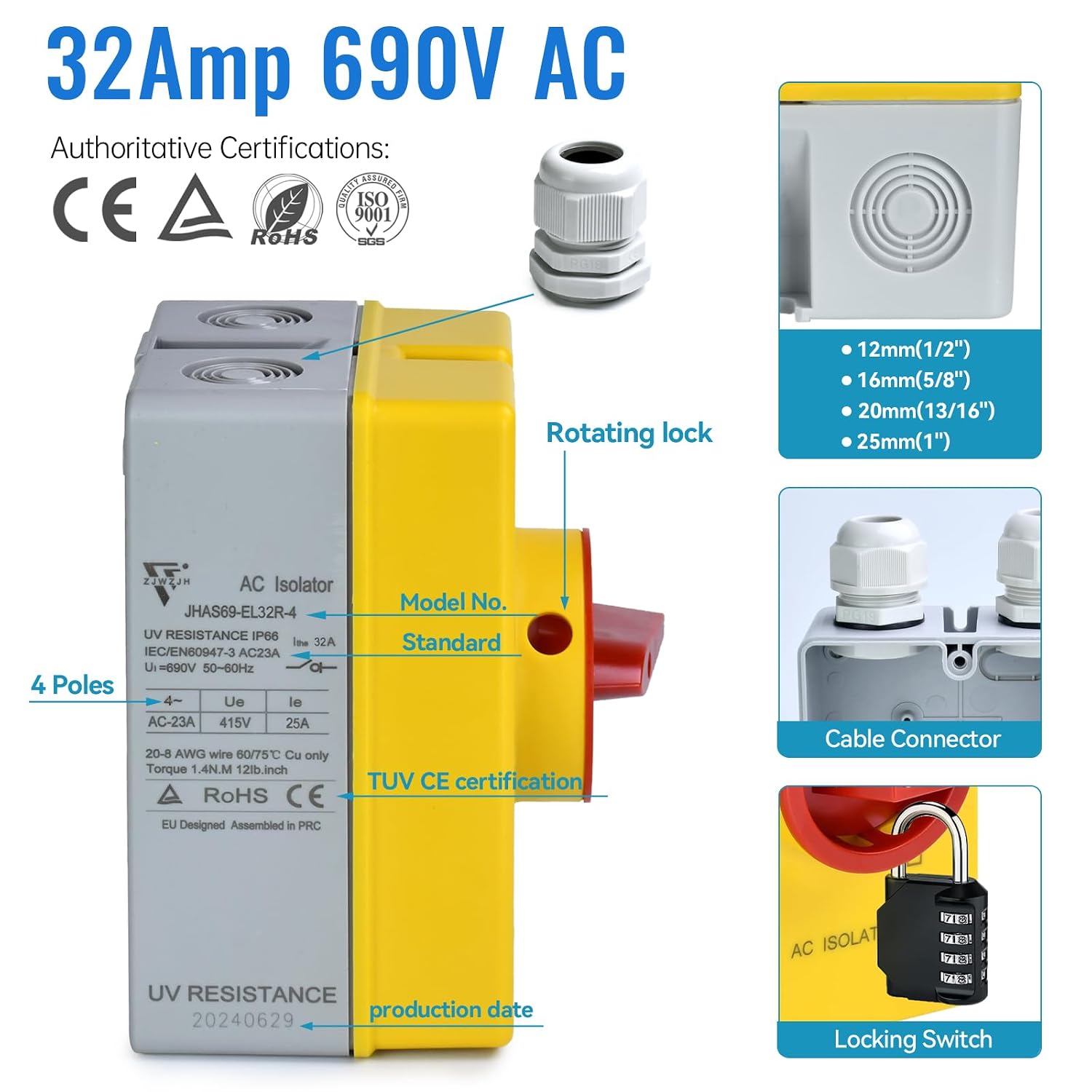 AC Disconnect Switch Box Outdoor 4 Pole 3 Phase AC Isolator Switch, IP66 Waterproof for Motor Generator, Air Conditioning, 120V/240V/480V/690V 32 4Pcs