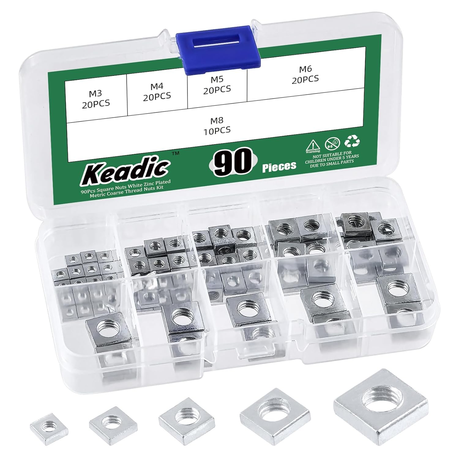 Keadic 90Pcs White Zinc-Plated Square Nuts Assortment Kit, M3x5.5mmx2mm, M4x7mmx2mm, M5x8mmx3mm, M6x10mmx3mm, M8x13mmx4mm Coarse Thread Nut for Furniture, Electrical Appliances