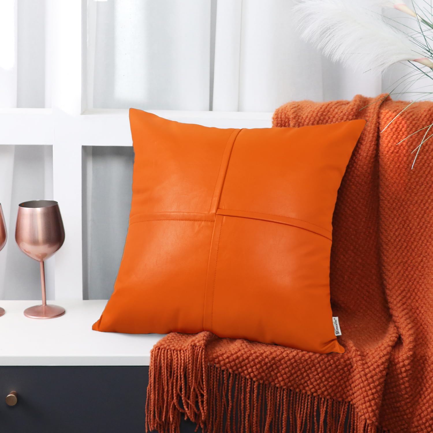 BRAWARM Faux Leather Throw Pillow Covers 22 X 22 Inches, Orange Leather Pillow Covers Pack of 2, Hand Stitched Leather Decorative Throw Pillows for Couch Sofa Bed Living Room Home Garden