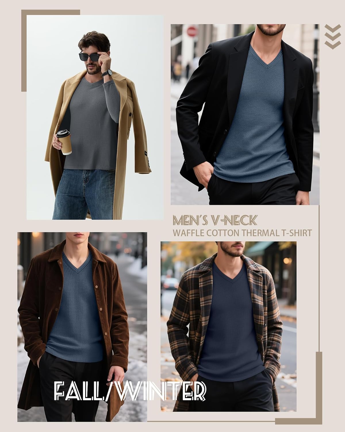 Ficerd 3 Pack Men's Waffle Thermal Long Sleeve Shirts V Neck Underwear Tops Casual Knit Undershirts Pullover Sweaters
