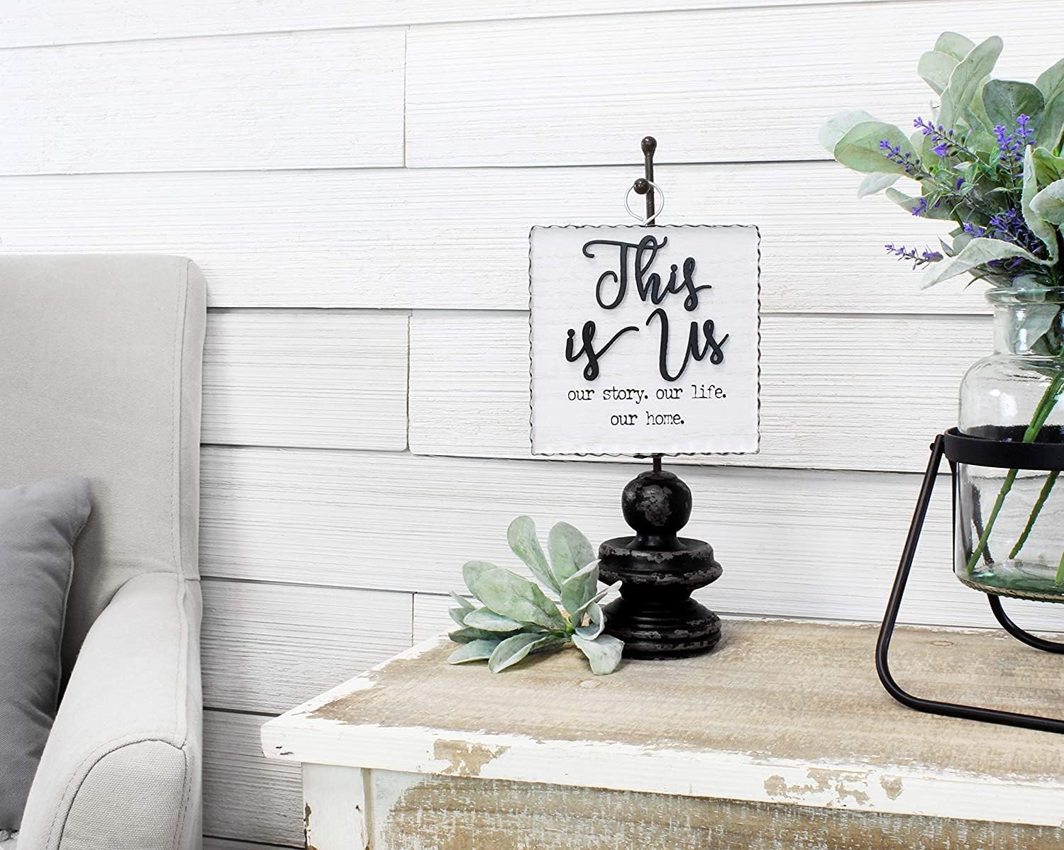AuldHome Rustic This is Us Sign, Wall or Freestanding Farmhouse Sign, Distressed Whitewashed Style with Galvanized Metal Frame, 7.5 x 6 Inches