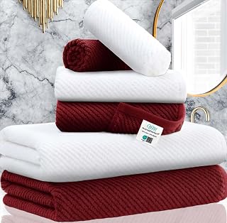 Towels Bathroom Set - 100% Cotton | Quick Dry | Soft | Thick, Towel Set of 6, 2 Large Bath Towels 30"x56", 2 Hand Towels 18"x28", 2 Wash Cloths 13"x13",Bathroom Essentials, Red and White