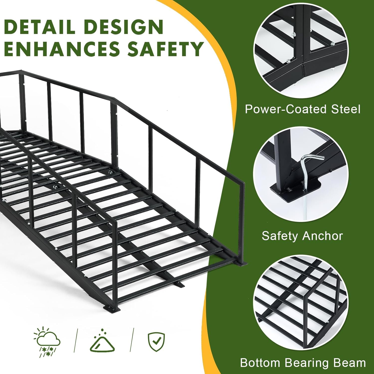 Metal Garden Bridge 8 FT with 4 Ground Stakes, 770 lbs Capacity Black Powder Coated Footbridge for Backyard, Lawn, Creek, Stream & Garden Decor
