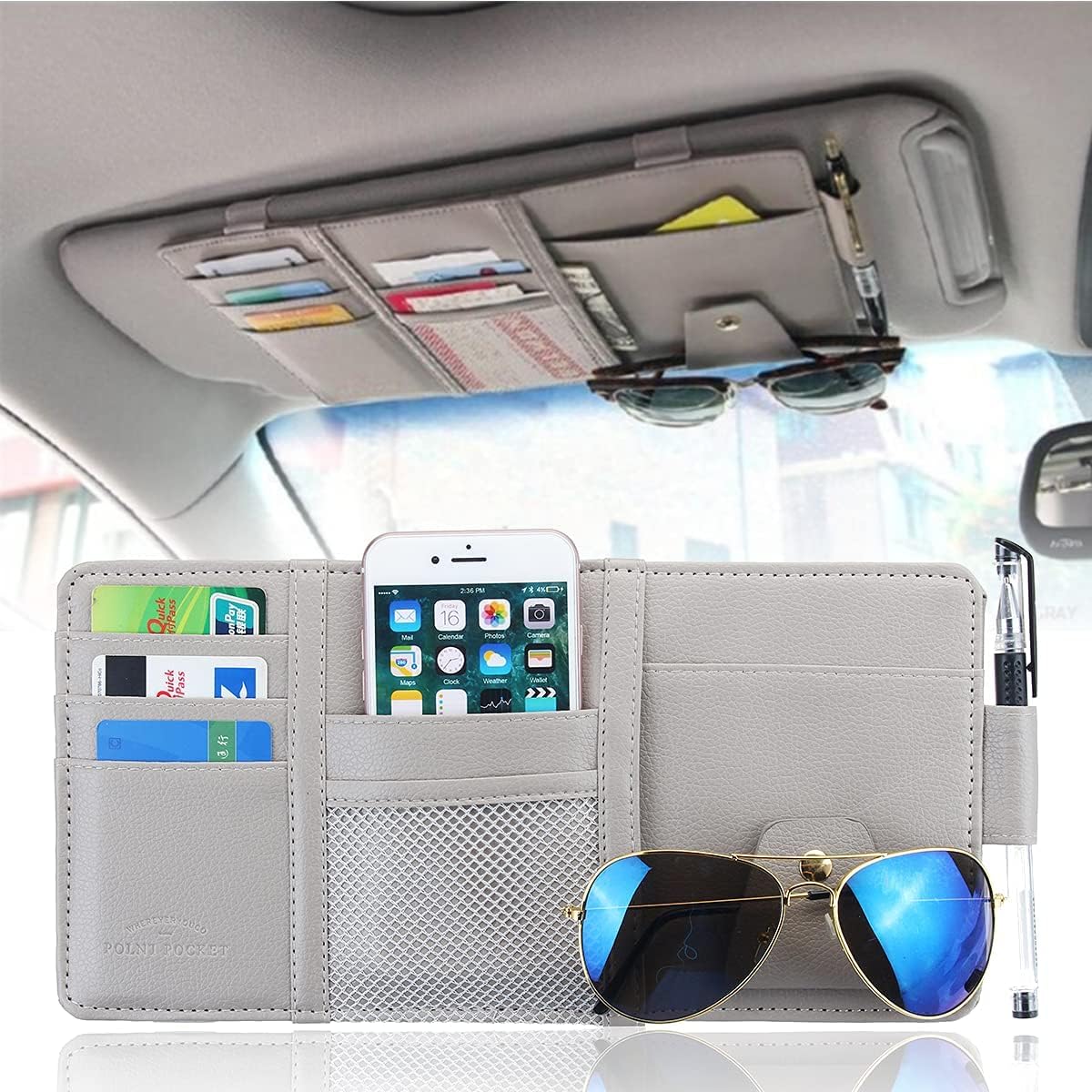 Rubik Car Sun Visor Organizer, Multi-Pockets Travel Documents Holder PU Leather Case with Zipper for Sunglass License Registration Pen Cash Cards Keys Storage (Grey)