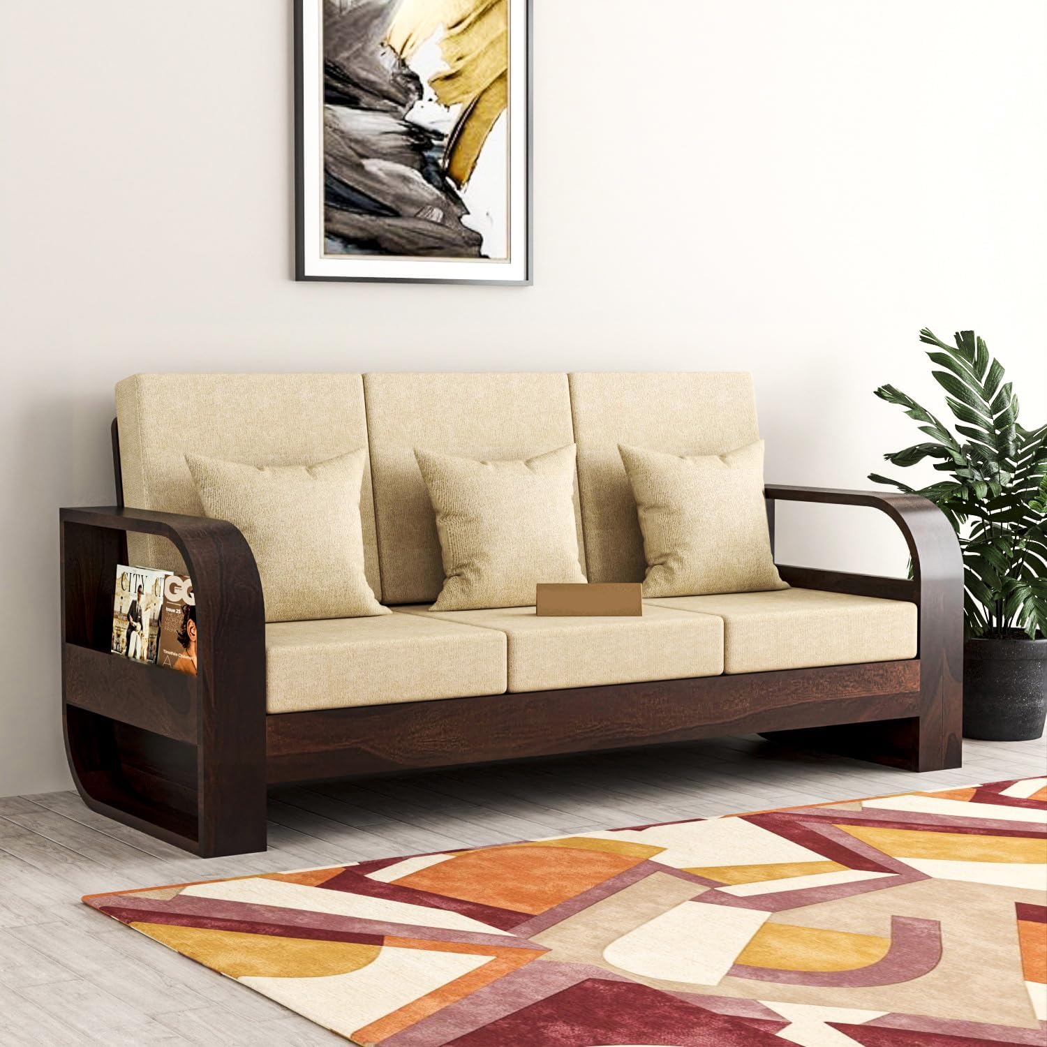 Walnut Finish Sheesham Wood Sofa | 3 Seater Wooden Couch with Beige Cushions & Side Storage for Living Room & Office-image-37