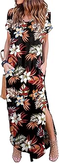 HUSKARY Women's Summer Maxi Dress Casual Loose Pockets Long Dress Short Sleeve Split Maxi Dresses