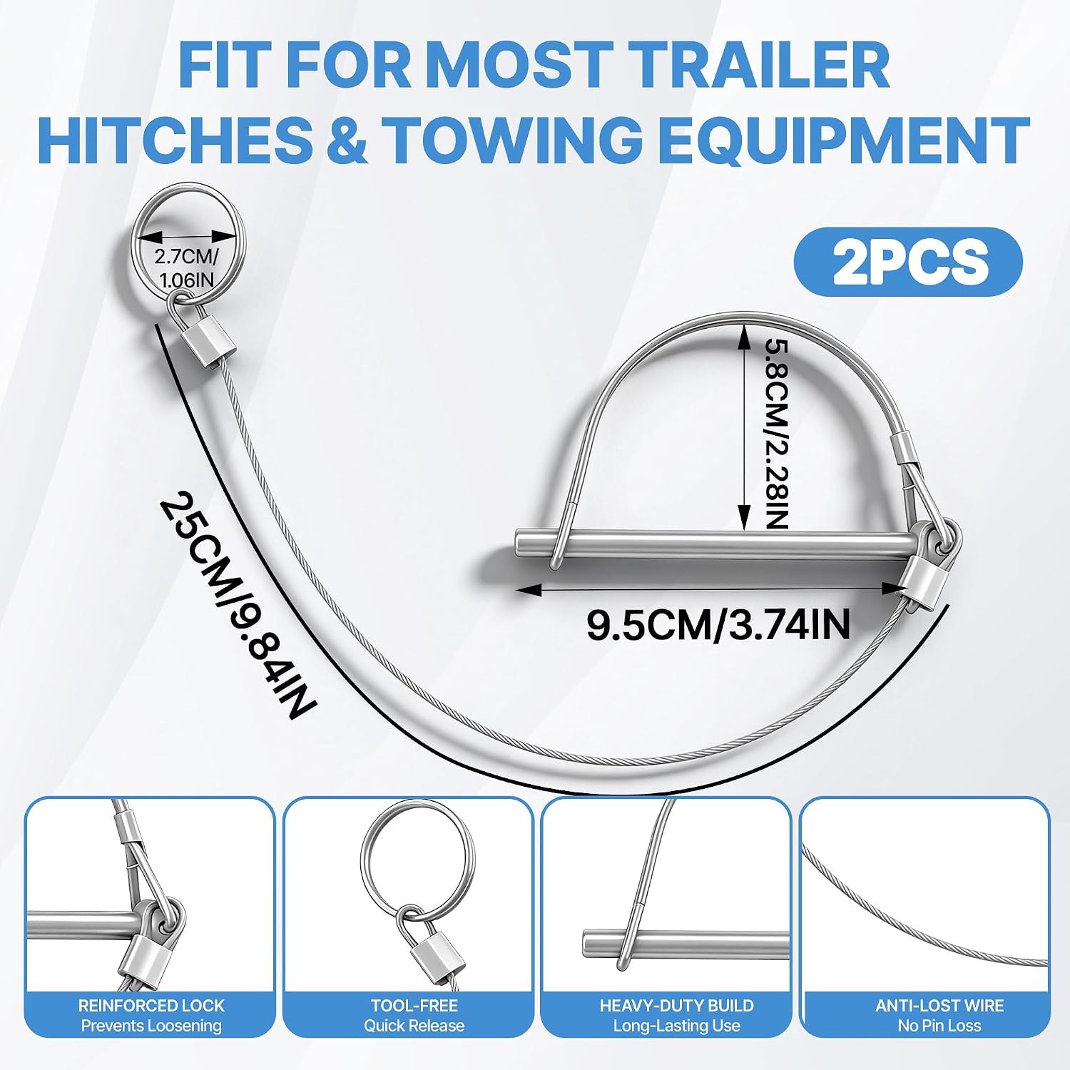 2 Pack Trailer Pin, Trailer Coupler Pin with Anti-Lost Wire Arch Trailer Hitch Pin for Towing Accessories 1/4" x 3.54"(6.3mm x 90mm)