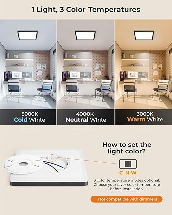 BLNAN 18W LED Bathroom Ceiling Lights, 2000K Warm Night Light, 3000K/4000K/5000K 3 Color Temperature Flush Ceiling Lamp, 1800LM Square Lighting Indoor for Hallway Kitchen Bedroom Garage, 22CM Black [Energy Class E]