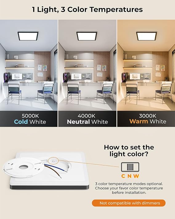 BLNAN 18W LED Bathroom Ceiling Lights, 2000K Warm Night Light, 3000K/4000K/5000K 3 Color Temperature Flush Ceiling Lamp, 1800LM Square Lighting Indoor for Hallway Kitchen Bedroom Garage, 22CM Black [Energy Class E]