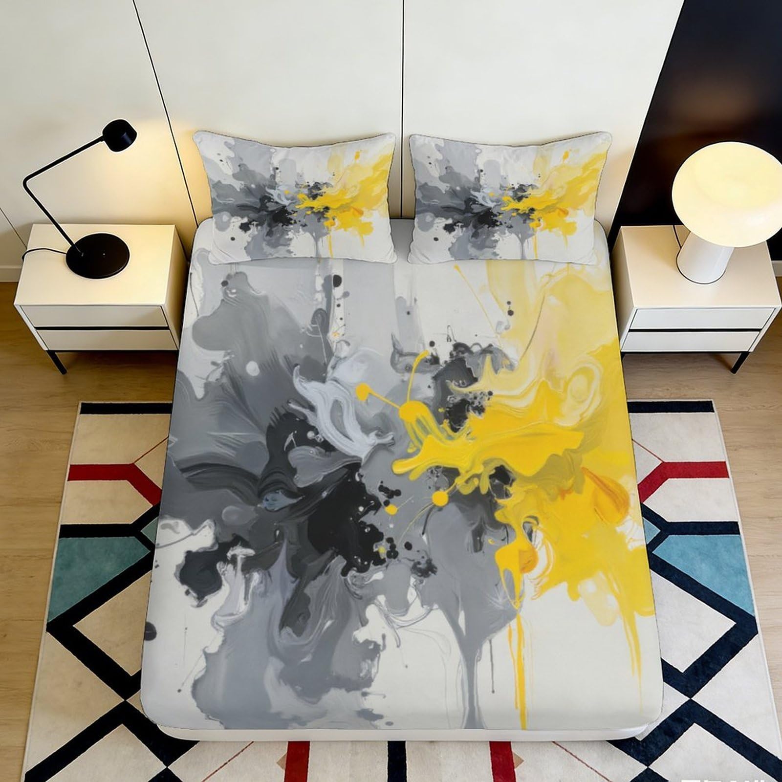 Pnayamiorkfel Style-5 3D Printed Abstract Yellow Splash Fitted Sheet Microfiber Soft Grey Art Bed Cover For Bedroom Dorm Mattress Decor 90X200x25cm